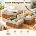 Panier de Rangement 3 Pièces Tressé Naturel — doublure tissu beige, 3 tailles, idéal salle de bain, chambre, dressing et salon