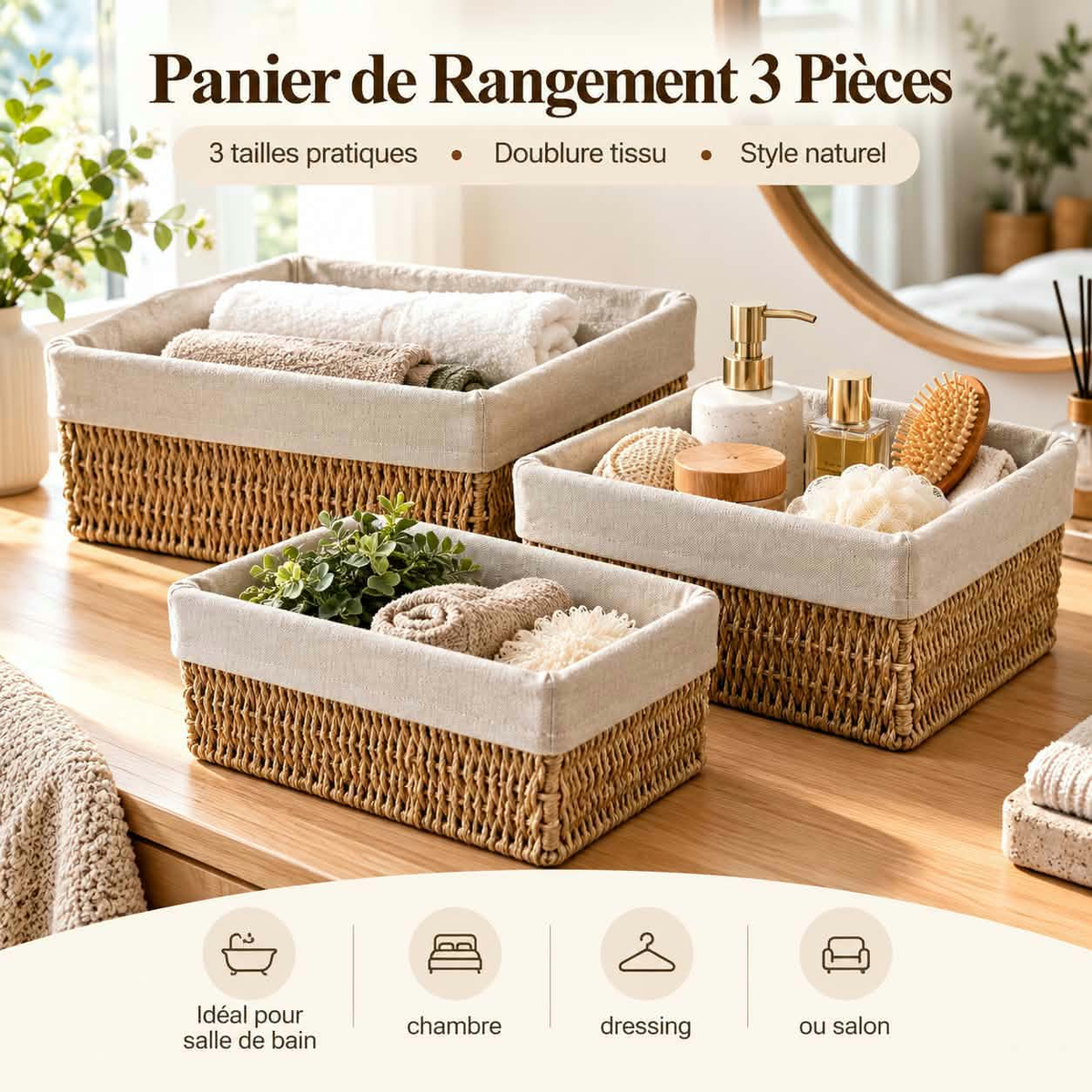 Panier de Rangement 3 Pièces Tressé Naturel — doublure tissu beige, 3 tailles, idéal salle de bain, chambre, dressing et salon