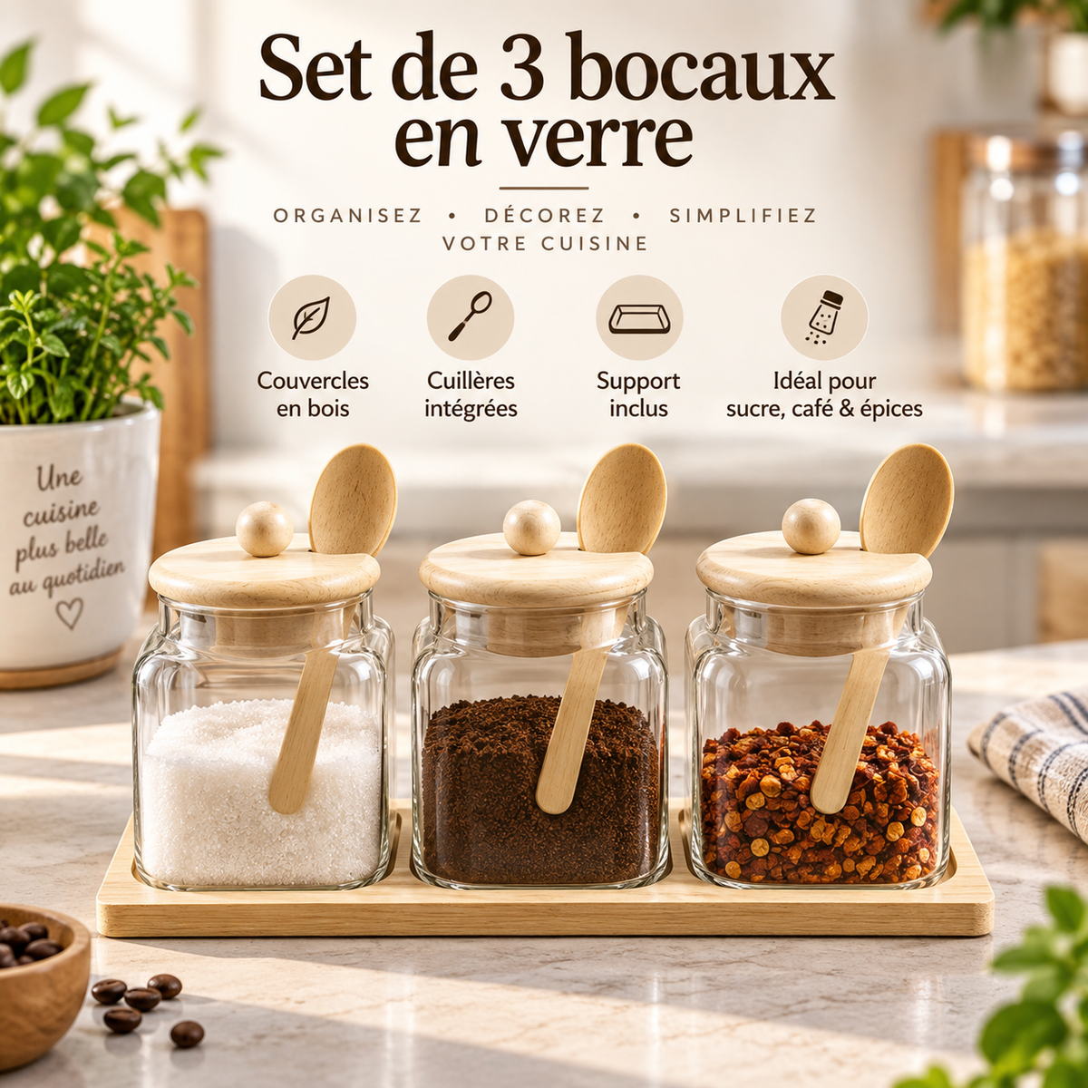 Set de 3 Bocaux en Verre avec couvercles bois, cuillères intégrées et support en bois — sucre, café, épices