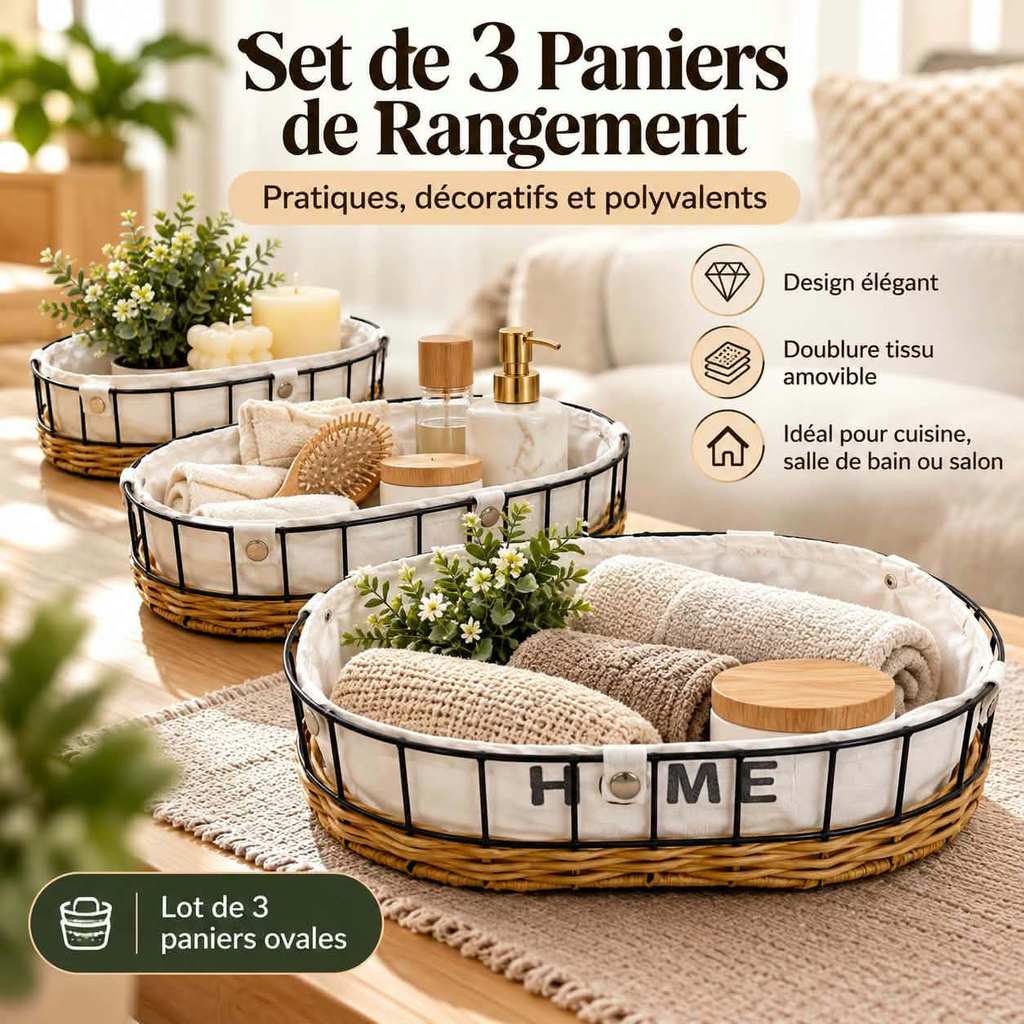 Set de 3 Paniers de Rangement Ovales — design élégant tressé, doublure tissu amovible, inscription HOME, pratiques et décoratifs
