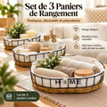 Set de 3 Paniers de Rangement Ovales — design élégant tressé, doublure tissu amovible, inscription HOME, pratiques et décoratifs