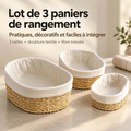 Lot de 3 Paniers de Rangement Ovales en Fibre Tressée — doublure textile blanche, 3 tailles assorties, naturel et élégant