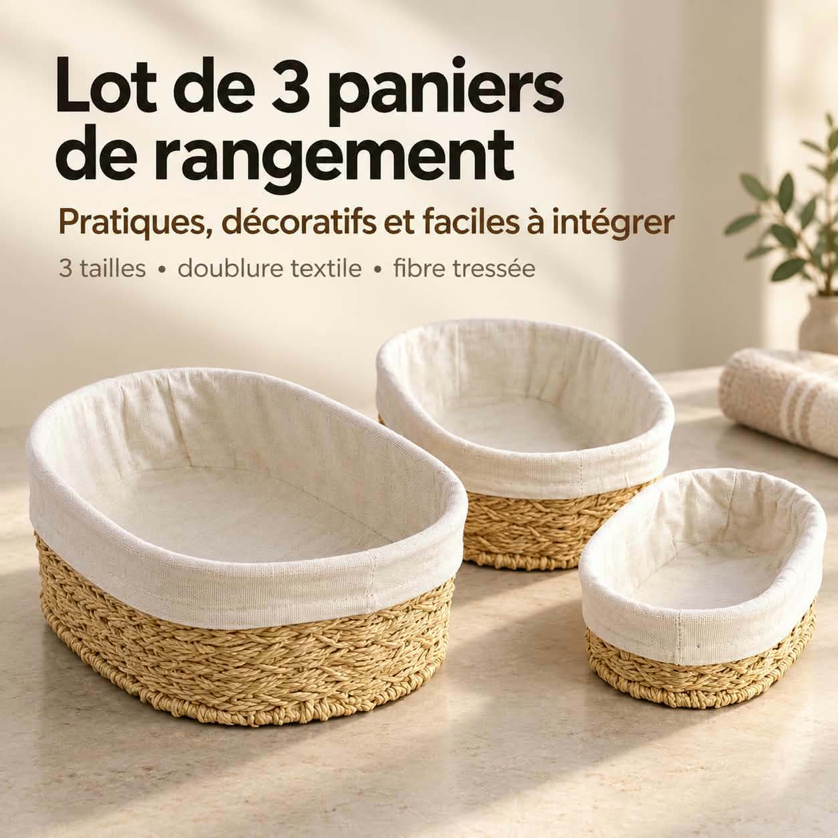 Lot de 3 Paniers de Rangement Ovales en Fibre Tressée — doublure textile blanche, 3 tailles assorties, naturel et élégant