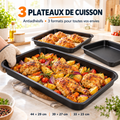 Lot de trois plateaux de cuisson rectangulaires noirs antiadhésifs, dimensions 44 × 29, 39 × 27 et 33 × 23 cm