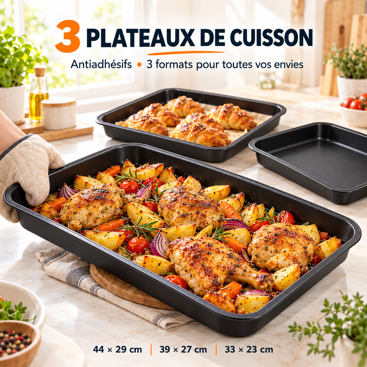 Lot de trois plateaux de cuisson rectangulaires noirs antiadhésifs, dimensions 44 × 29, 39 × 27 et 33 × 23 cm