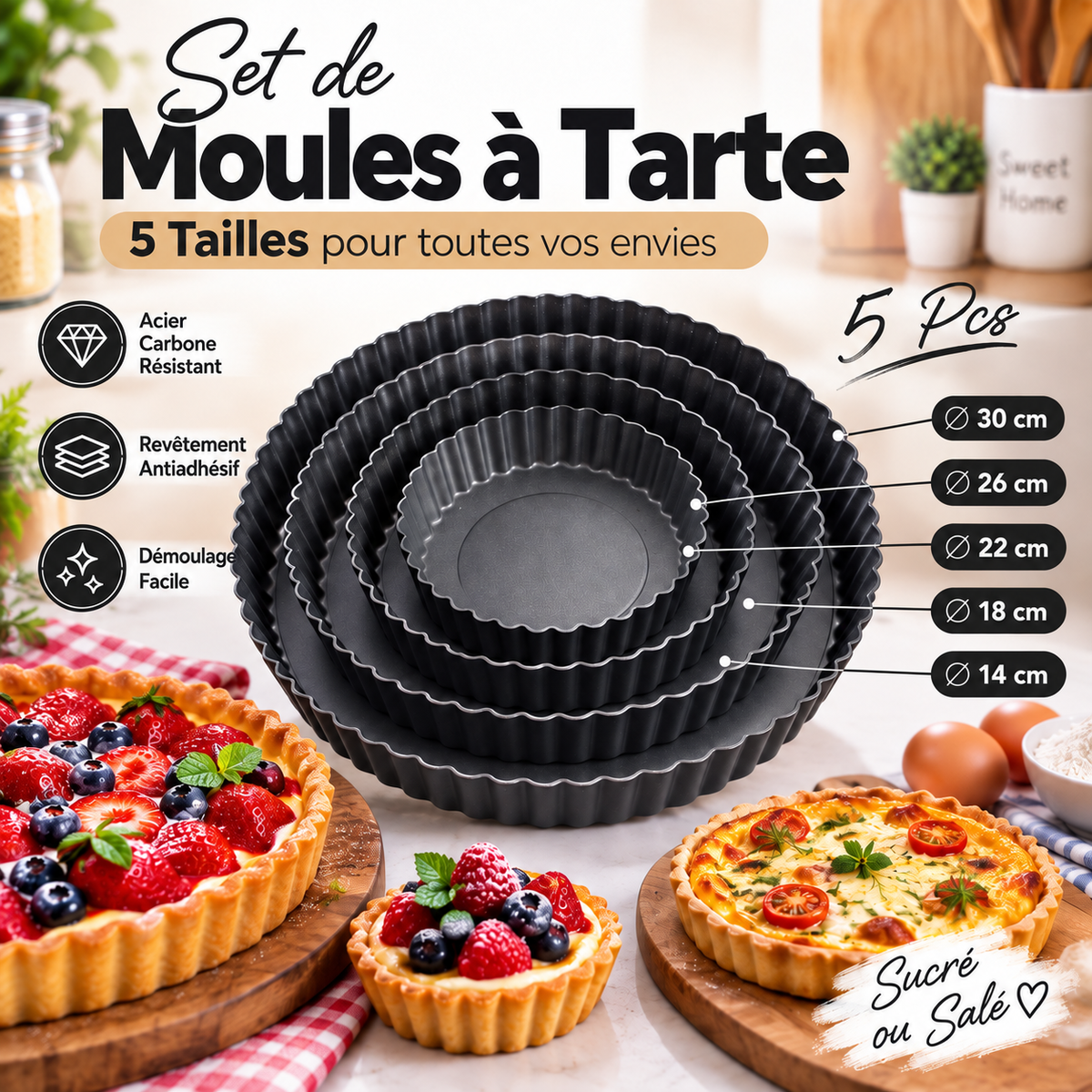 Set de Moules à Tarte 5 Pièces Acier Carbone Antiadhésif — 5 tailles 14 18 22 26 30 cm, démoulage facile